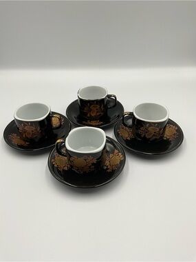 Vintage Japanese Porcelain Black &  Gold Floral Espresso Cup and Saucer Set - 4